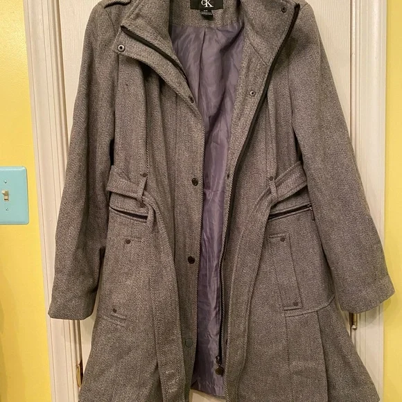 Gray Calvin Klein Wool Blend Belted Coat Medium - Picture 7 of 7